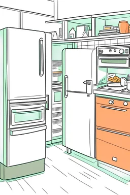 Cartoon drawing of a kitchen. On the right there is a white refrigerator