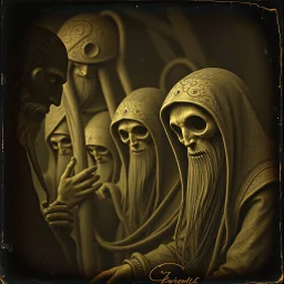 Daguerrotype close up some mysterious figures, odd background, Hieronymus Bosch Max Ernst ambient light, Amano, Botticelli, Alphonse Mucha