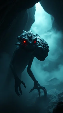 A creature with 2 bold Heads one of them happy , the other is sad . A cave with dim lights with fog in the background, dark environments, scary and good quality, 8K , cinematic scenery