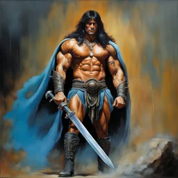 Conan the Barbarian dressed as an extremely muscle-bound Superhero dressed in a gray skintight, formfitting body suit with a blue cape and black boots, dark, multicolored watercolor stained wall in the background, oil painting in the art style of Boris Vallejo, 32k UHD, Hyper realistic, photorealistic, realistic, sharp, highly detailed, professional quality, beautiful, awesome, majestic, superb, trending on artstation