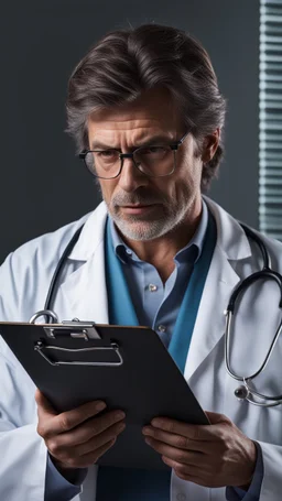 photorealistic hyperdetailed portait of a doctor holding a clipboard and frowning