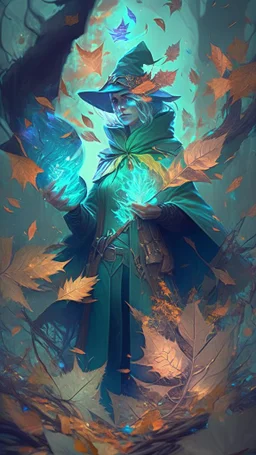 mage surrounded by magic leaves