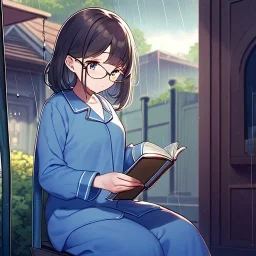 anime girl sitting on a porch swing of an old house, journaling, wearing pajamas, writing in a book, shes watching it rain, more detail on hands and her face,shes deep in her thoughts, wearing glasses, rain drops, she has a pencil in her hand and is writning in the book, she is looking down at what she is writing