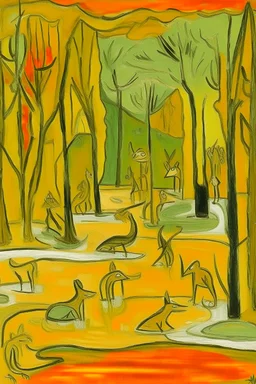 A yellowish orange colored swamp with amphibians painted by Pablo Picasso