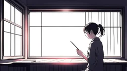 monochromatic japanese classroom with a shadowy figure looking out the window holding a transparent key emanating glow that colors the surroundings, anime