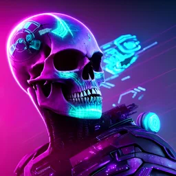 A futuristic skull with glowing eyes and a purple background, cyberpunk art by android jones, behance contest winner, computer art, darksynth, synthwave, rendered in cinema 4 d
