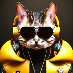 Cat toddler, steampunk headphone, sunglass, gangsta neckless, full body, yellow jacket, tokio background, dramatic lighting, hyper realistic, unreal engine 5, 16k