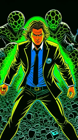 Diego Forlan Football soccer player fighting black suite. Dark detective comic. comicBook cover batman style detective mistery 1990.