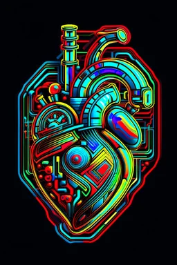 FLAT VECTOR LAYERED 2-D MULTICOLORED COMPLIMENTARY NEON MECHANICAL HUMAN HEART, METALLIC,