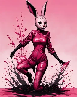 Asian woman, leaning pose, rabbit mask, pink short hair, latex suit, highly detailed, fullbody, splashes blood, behind guts rising from the ground, papercut illustration by <John Kenn Mortensen>, darkred tones,