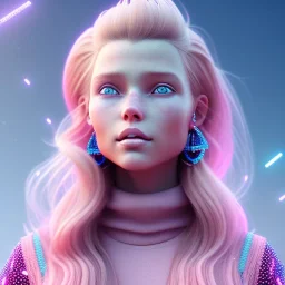  beautiful girl, smiling, longsand blonds hairs,blue eyes , realistic, octane render,, pink turquoise light and stars