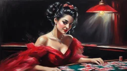 impressionist oil painting smooth brush strokes "head and shoulder" beautiful woman sitting at poker table elegant red tulle and shiny dress, red jewelry black hair in a bun, big hanging curls, slight smile, eyes downcast, long eyelashes cards in hand dark background other small cards flying around her some deteriorating grainy noise falling particles, backlight
