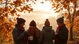 Autumn: falling leaves, Misty mornings, fog over distant fields or forests, sunshine; people wearing scarves, woolly hats, gloves, holding mugs of steaming hot drinks; chestnuts, acorns, berries, rowan, holly, mistletoe; birds migrating; squirrels gathering nuts; rabbits; beautiful colours, atmospheric. Award winning photograph.