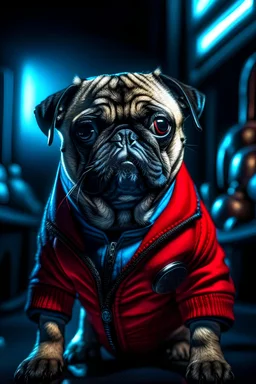 pug in a mega cool iron super blue + Red suit with on his arms and shoulders, hdr, (intricate details, hyperdetailed:1.16), piercing look, cinematic, intense, cinematic composition, cinematic lighting, color grading, focused, (dark background:1.1)