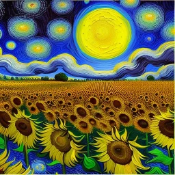 Dibujo al aceite de Campo de Girasoles con muchas nubes de colores estilo Vincent van Gogh