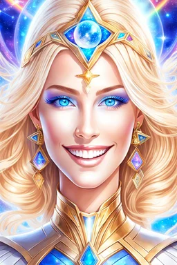 cosmic woman smile, admiral from the future, one fine whole face, crystalline skin, expressive blue eyes,rainbow, smiling lips, very nice smile, costume pleiadian, Beautiful tall woman pleiadian Galactic commander, ship, perfect datailed golden galactic suit, high rank, long blond hair, hand whit five perfect detailed finger, amazing big blue eyes, smilling mouth, high drfinition lips, cosmic happiness, bright colors, blue, pink, gold, jewels, realist, high,rainbow commander, ufos