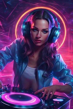 a woman with headphones playing music on a turntable, dj rave party, album art for a trance dj, synthwave image, headphones dj rave, girl wearing headphones, dj, wonderfull techno party, cgsociety 9, trending digital art, edm, beauty woman in holograms, dj at a party, 3d digital art 4k, dance music show