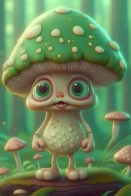 realistic cute little mushrooms eyes two legs forest green hat