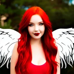 Imagem do corpo de um anjo de cabelo vermelhos e assas negras