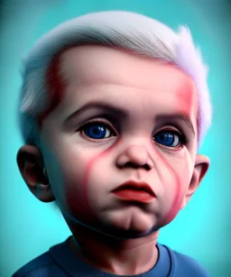 Pedro almodovar toddler, full body, white hair, diagonal shirt, dramatic lighting, hyper realistic