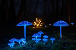 (masterpiece), best quality, A magical glade with glowing blue mushrooms on a quiet night., GHIBSKY style, country side, Japan, night beautiful weather,blue neon lights glowing
