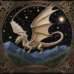 image framed with a thin border of celtic designs, story book cover format, A winged celestial dragon in flight above a forested mountain, against a background of brilliantly glittering stars, hd 4k, fine sharp detail