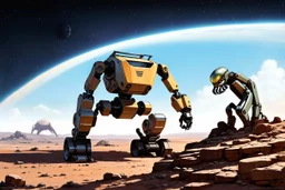 Sci-fi, sci fi dramatic scene, a colossal resource harvester bot with one drill arm and one pincher arm surveys a rocky alien planet surveying for mineral resources, grand, expansive, intricate detail, by Brian Despain, detailed full color digital illustration, comet streaking, ringed planets in distance