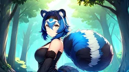 Girl, blue hair, raccoon ears, raccoon tail, raccoon face, forest