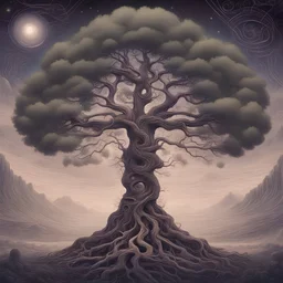 a solitary, ancient tree standing tall in the midst of a surreal landscape. The branches of this tree extend into the cosmos, and its leaves are comprised of ethereal patterns representing the various elements of your music. The challenge for the AI is to create intricate details in the leaves, where each swirl and shape encapsulates a different musical theme. The roots of the tree delve into an abstract realm, symbolizing the depth and roots of your musical inspiration.
