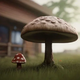 Mushroom head girl and mushroom house, unreal 5, octane render, cinema4d, redshift render, hyper realistic, cenematic, vibrancy, synthwave, retouch, centered, dynamic lighting, dramatic lighting, 4k, highly detailed, attractive beautiful, realistic, epic composition, holographic,