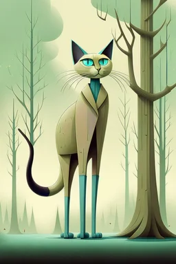 Surrealist minimalist illustration of [siamese cat] with extremely long slender legs, standing in [forest], wearing [a raincoat], under [tree]. Calm composition, full body view, centered, soft pastel gradients in the background, textured painterly style, smooth shading, clean lines. –no multiple characters, no clutter, no photorealism, no busy background