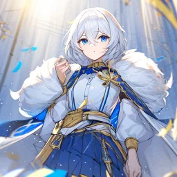 Clear focus, High resolution, rough line sketch art, short fluffy white hair, hair between eyes, fluffy hair, blue eyes, wearing a sleeveless shirt, wearing a a pleated skirt , detailed outfit, lots of details, bow on belt, white belt, white and blue everywhere on outfit, cut sleeve, yellow chains around outfit, concept art