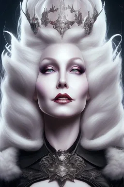 Mae West as evil queen in black leather, leather, busty, cleavage, angry, stern look. character design by cory loftis, fenghua zhong, ryohei hase, ismail inceoglu and ruan jia. unreal engine 5, artistic lighting, highly detailed, photorealistic, fantasy