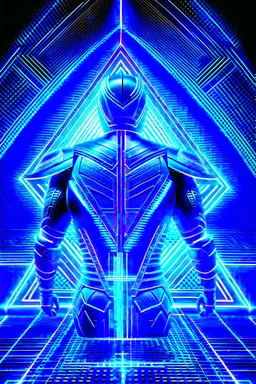 neon blue, floating triangle of light orbiting behind the back, cyber armor, geometric patterns on armor, male, orbiting triangle