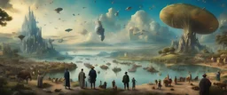 Salvador Dali and Hieronymus Bosch talking to each other at an outdoor surrealist market. A herd of dream-like sky-fish swim high in the far distant sky, with a beautiful surreal outdoor countryside summer scene with hills, waterfalls, and an intricate fractal sky, very high detail, photorealistic, epic cinematic, 8K, Large depth of field