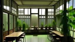 Biologie-Klassenzimmer mit Pflanzen und mehreren Tischen und Stühlen, Sicht durch ein Fenster in der Tür