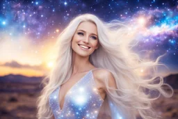 very beautiful cosmic women with white long hair, smiling, with cosmic dress and in the background there is a bautiful sky with stars and light beam