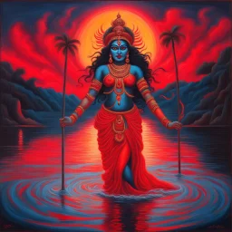 An oil painting of goddess Kali crossing a lake neon red colors