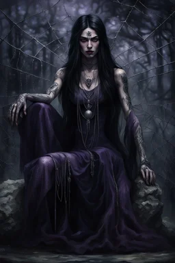 a crepy stunning witch woman with dark purple,black and silver long hair and black mystic tattoos on her body, a cold, indifferent expression, silver and black onyx jewelry, metalic shiny dress, anthropomorphic female, dark ethereal background in the corner one big spider sitts, ancient deity, by El Kazovszkij , Anton Semenov a masterpiece, 8k resolution, dark fantasy concept art, by Greg Rutkowski, dynamic lighting, hyperdetailed, intricately detailed