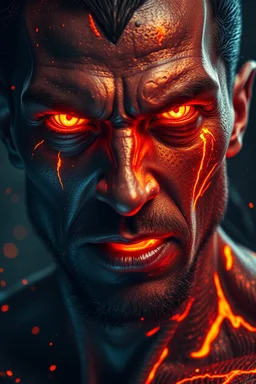 A hyper-realistic dark fantasy portrait of a man with molten fire glowing in his eyes, radiating intense energy. His skin glistens with shimmering metallic textures, glowing embers, and molten cracks running down like fiery tears. The close-up shot captures his sharp facial structure, illuminated by the burning light inside him. His expression is fierce and otherworldly, as though he embodies a fire deity or demon. The atmosphere is mystical and dramatic, with glowing sparks, molten veins, and g