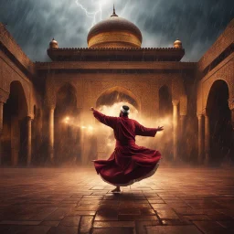 Hyper Realistic photographic-view of a Sufi Whirling with Golden & Maroon Islamic Sufi Rustic Grungy Background with thunderstorm at heavy rainy night outside an ancient Islamic architectural building showing dramatic & cinematic ambiance.