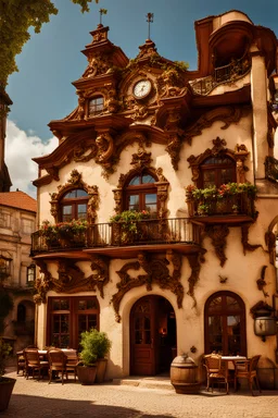 baroque style restaurant, building in a pirate town, outside