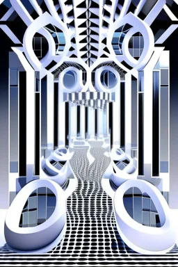 an idea is created of a bridge which has white clouds, in the style of futuristic digital art, grid formations, hall of mirrors, black and gray, photorealistic fantasies, multilayered dimensions, frontal perspective