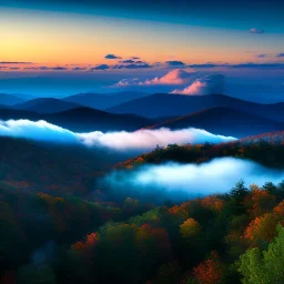 Blue Ridge Parkway, North Carolina and Virginia,aerial view,cloudy,extremely detailed digital painting, high resolution,8k, realistic, beautiful, volumetric lighting, mystical colors ,perfectly centered image, perfect composition, rim light, beautiful lighting,masterpiece, stunning scene, raytracing, anatomically correct, in the style Van Gogh and robert e howard and Ken Kelley and Ohrai Noriyoshi and Simon Bisley and tomzj1.