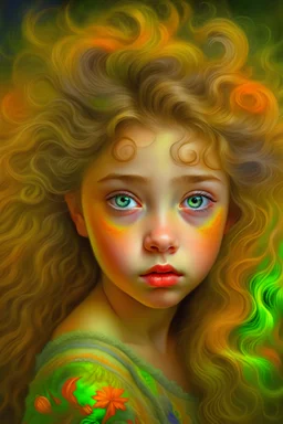 An ethereal portrait of a kid with flowing hair and piercing eyes, created with a mix of beauty and digital techniques, inspired by the works of Alphonse Mucha and Gustav Klimt