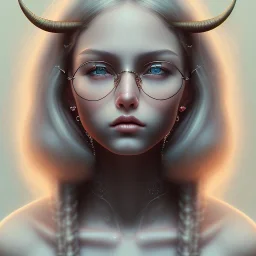 three girls, glasses, portrait, leaning pose, sueter, dead eyes, emotionless face, long white hair, full body, realistic painting, tattoo, intricate detail, cute, small girl, symmetrical, emotionless, big horns,