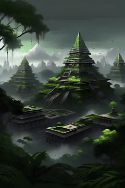 The jungle surrounding the city is corrupted by evil forces. The plant life should be darker and show signs of danger. The sky should be dark and ominous. There should only be one large pyramid. The rest of the buildings should be made of stone and normal houses.