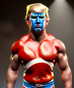 Realistic image of Donald trump wrestler, Mexican wrestling style, Mexican wrestling mask, eye line, red and blue breeches, glow us flag dress, suspenders, retro style, 80s, vibrant color, highly detailed, clean background, concept art, unreal engine 5, god rays, ray tracing, RTX, lumen lighting, ultra detail, volumetric lighting, 3d, finely drawn, high definition, high resolution.