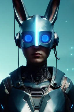 Medium Close Up Portrait, Front image. cyberpunk, rabbit mask, teenager, asian woman, cyber helmet head. Titanium dress. White, blue, color. Steampunk style. renaissance ornaments, Color background, photo studio. Front image, highly detailed, concept art, smooth, unreal engine 5, ray tracing, RTX, lumen lighting, ultra detail, volumetric lighting, 3d, finely drawn, high definition, high resolution.