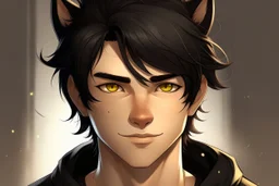 A young adult male with messy black hair, gold eyes, large black cat ears, realistic, slight smile